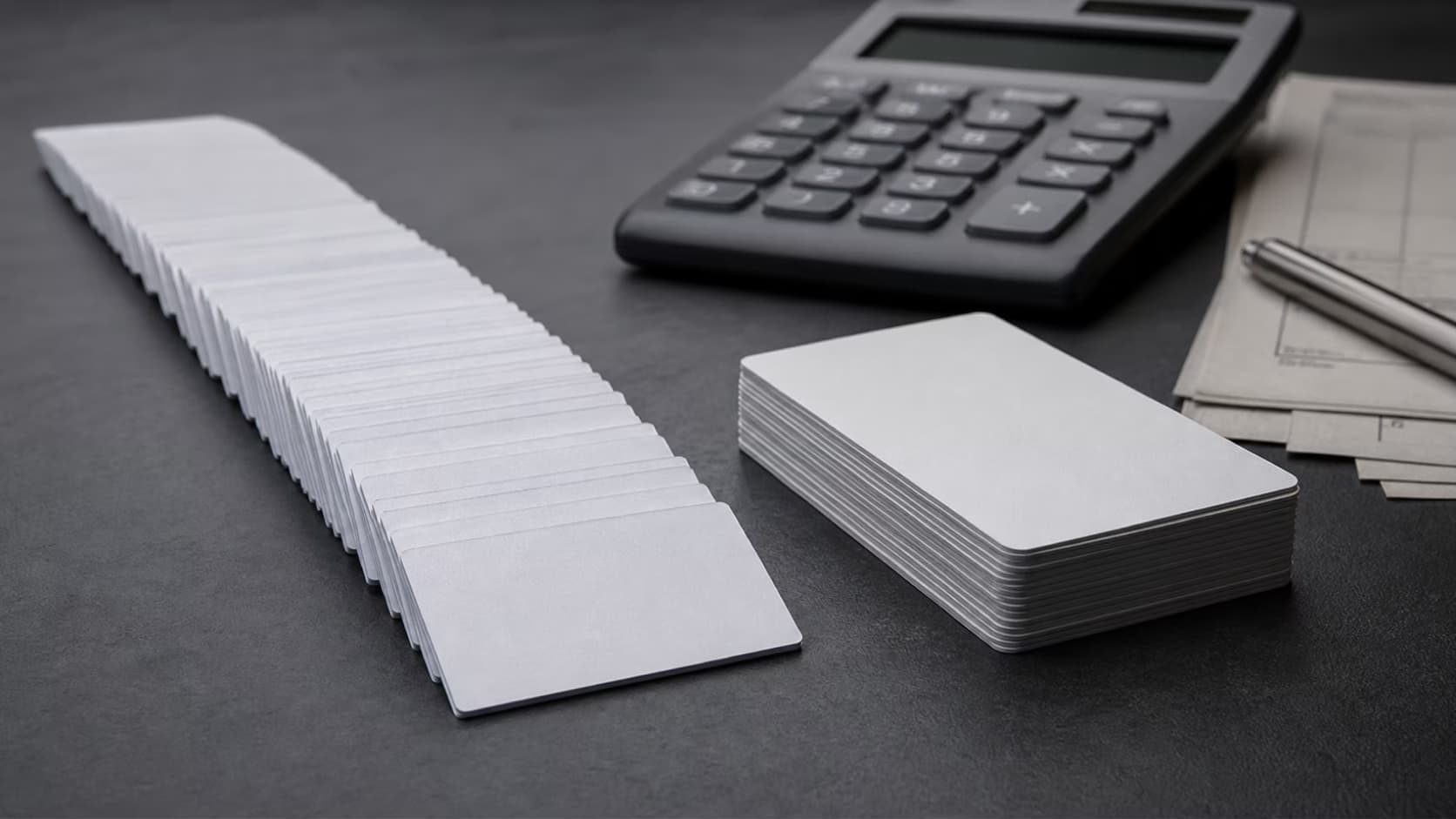 Duas sequências de parcelas de comprimentos diferentes são comparadas ao lado de uma calculadora e um demonstrativo de encargos.