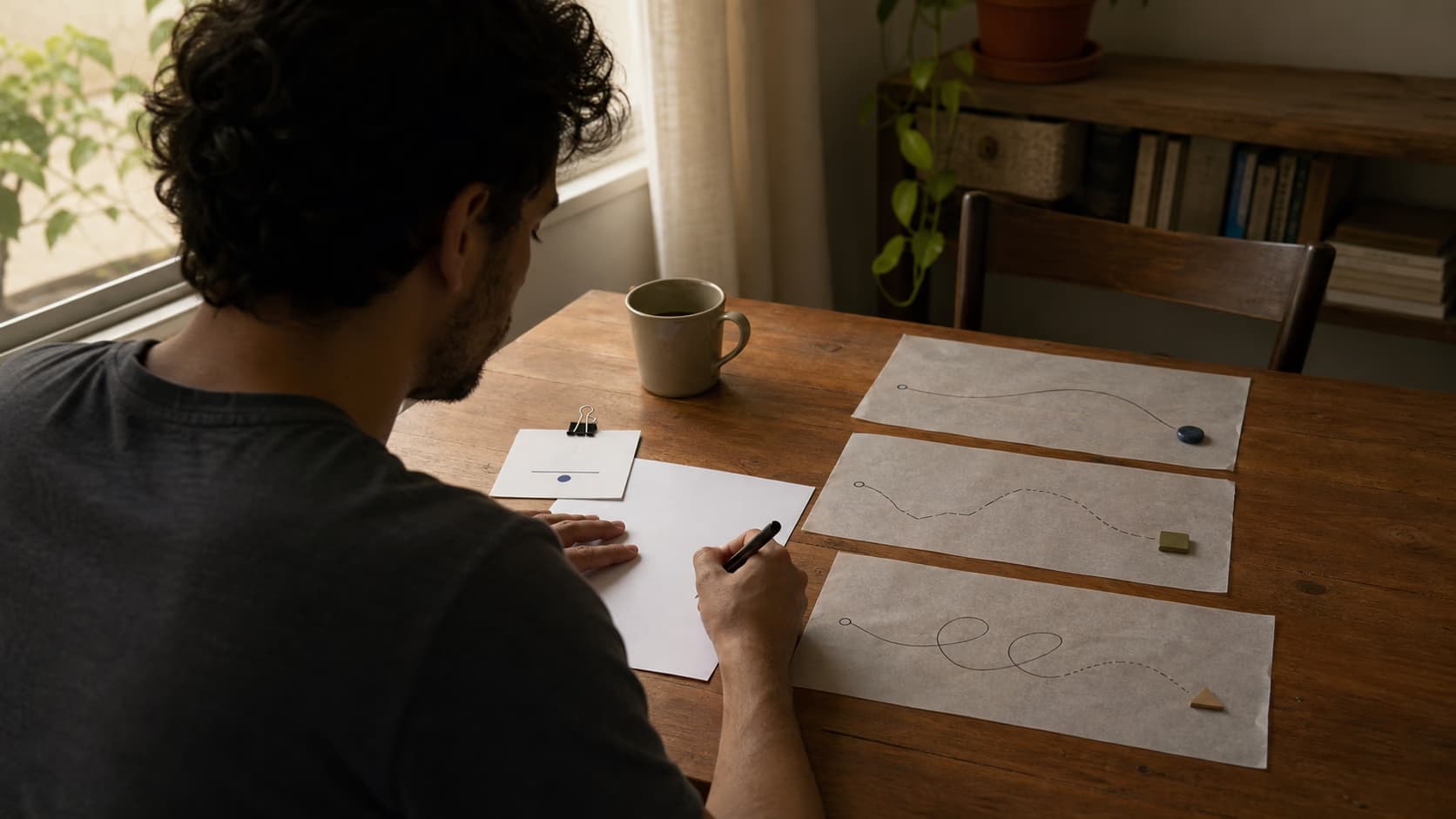 Pessoa escreve uma carta anual ao futuro ao lado de três cenários de aposentadoria e uma ação marcada para o presente.