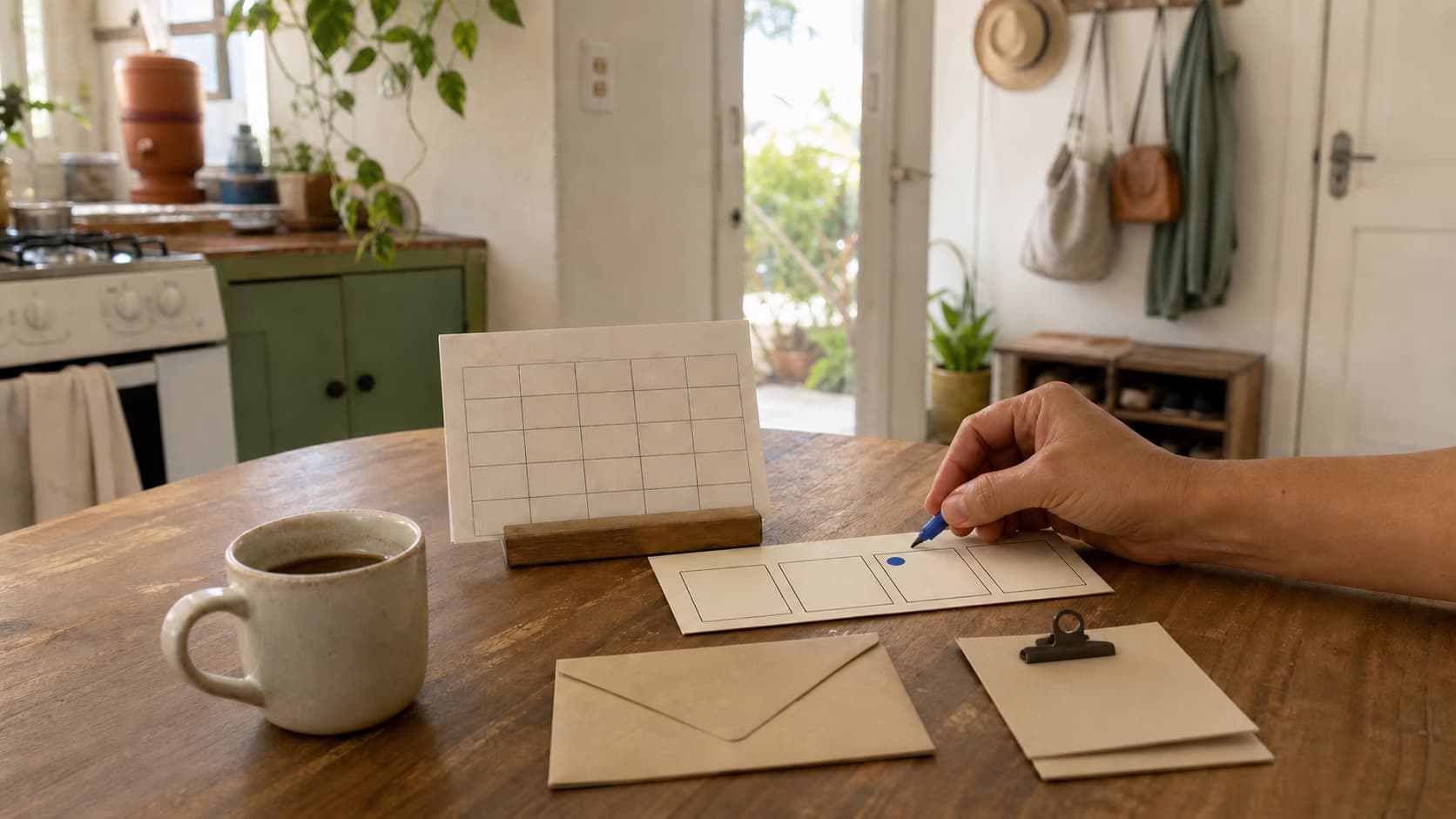 Rotina doméstica reúne revisão semanal, calendário de vencimentos e envelope de objetivo com apenas uma ação marcada.
