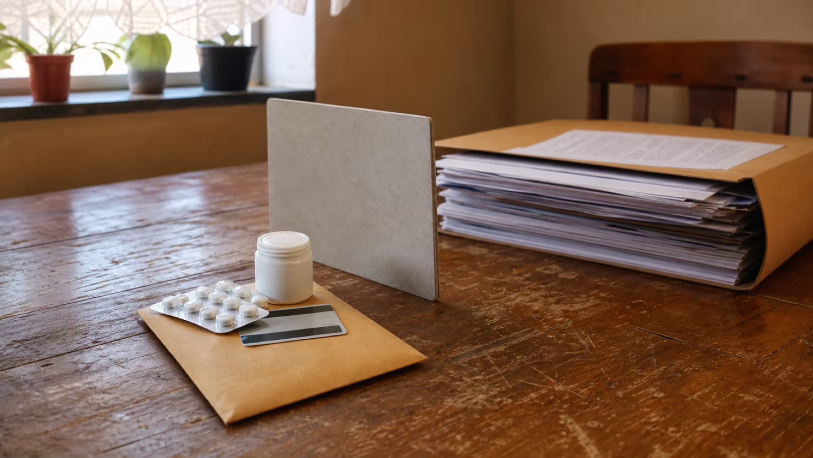 Pequeno envelope de emergência ao lado de medicamentos e transporte divide espaço com uma pasta de amortização de dívida.